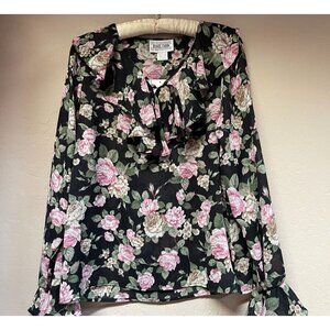 New Daniel Caron Blouse Womens Floral Ruffle Top Shirt Medium Pink Black Boho